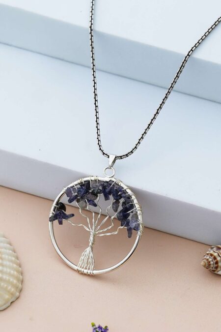 Sodalite Pendant Tree of Life Crystal Stone Pendant Locket with Metal Chain for  Healing Crystal Healing Gemstone Size 35-40 mm soda lite