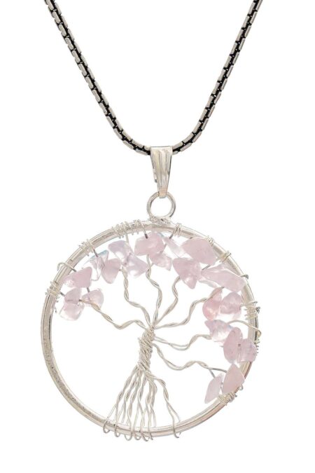 Rose Quartz Pendant Tree of Life Crystal Stone Pendant Locket with Metal Chain for  Healing Crystal Healing Gemstone Size 35-40 mm rose quarts