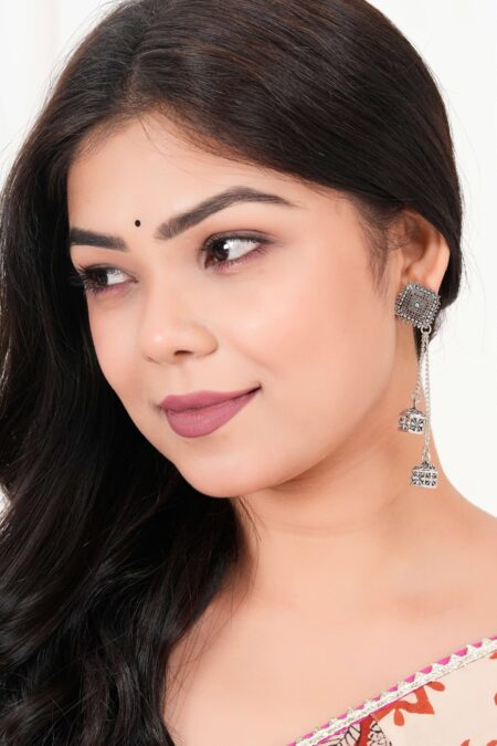 Women's Silver Circle Long Two AZ838-OXidised Unique Western Earrings for Women Party Wear