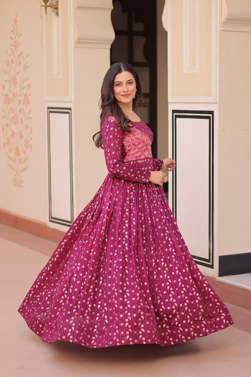 Purple Printed Anarkali Gown
