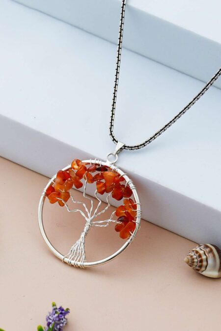 Carnelian Pendant Tree of Life Crystal Stone Pendant Locket with Metal Chain for  Healing Crystal Healing Gemstone Size 35-40 mm Carnelian